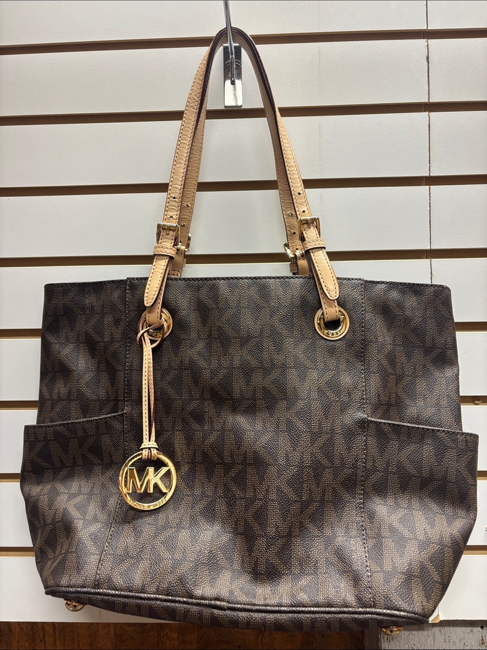 Michael Kors Brown MK Signature Tote with Tan Handles